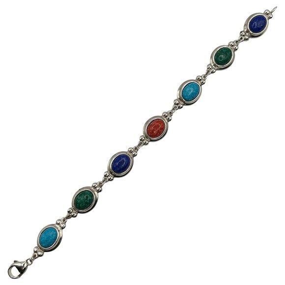 Coleman Co. 925 Sterling Silver Multicolor Stone Panel Bracelet - 7.25" - Picture 4 of 5